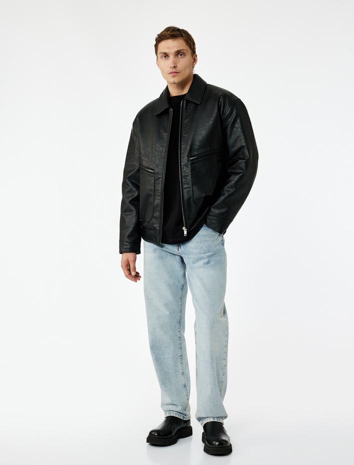  Slim Fit Uzun Kollu Fermuarlı Gömlek Yaka Suni Deri Ceket