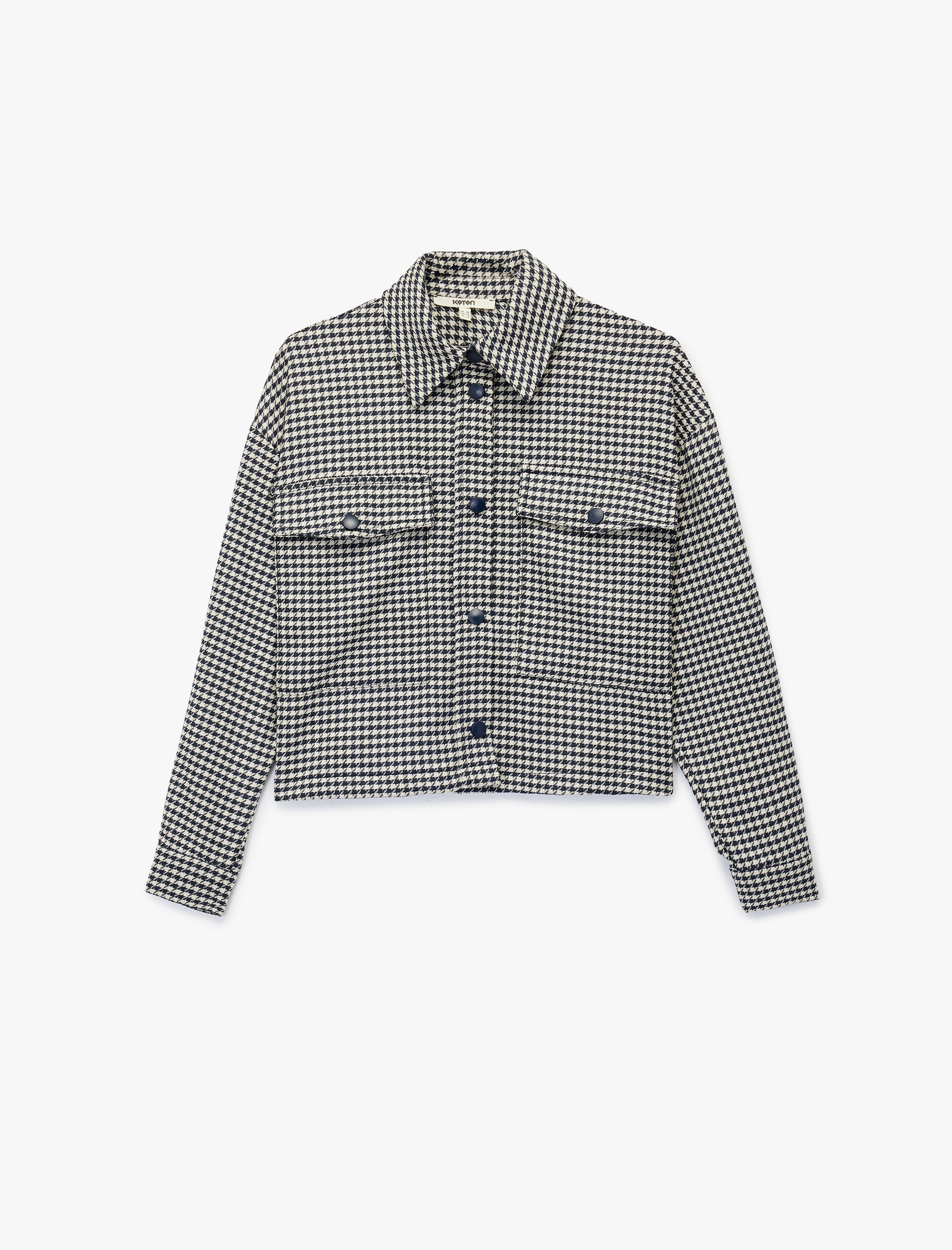   Uzun Kollu Cepli Kazayağı Desenli Oversize Gömlek Ceket