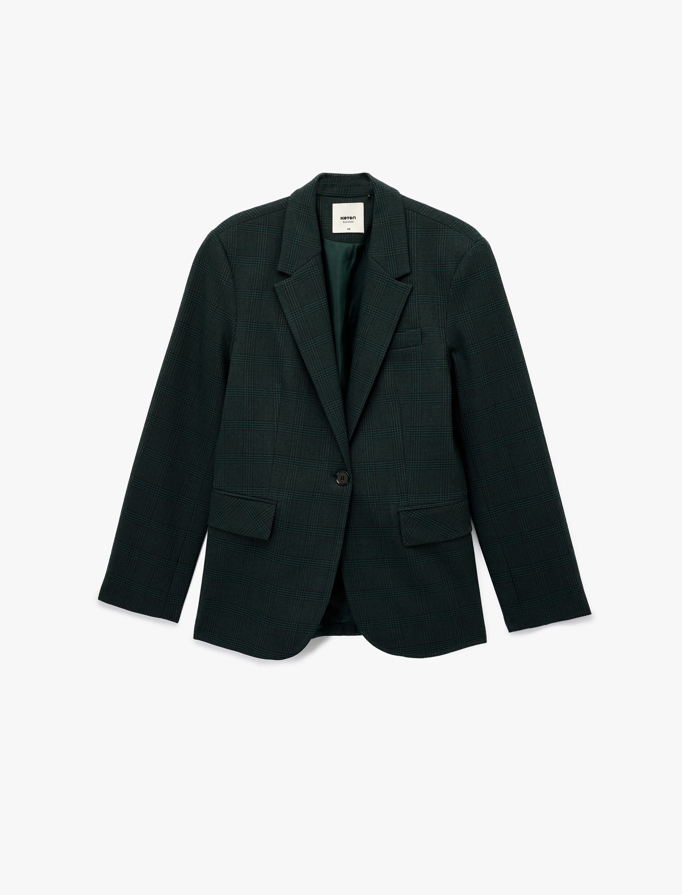   Düğmeli Cep Detaylı Uzun Kollu V Yaka Ekoseli Blazer Ceket