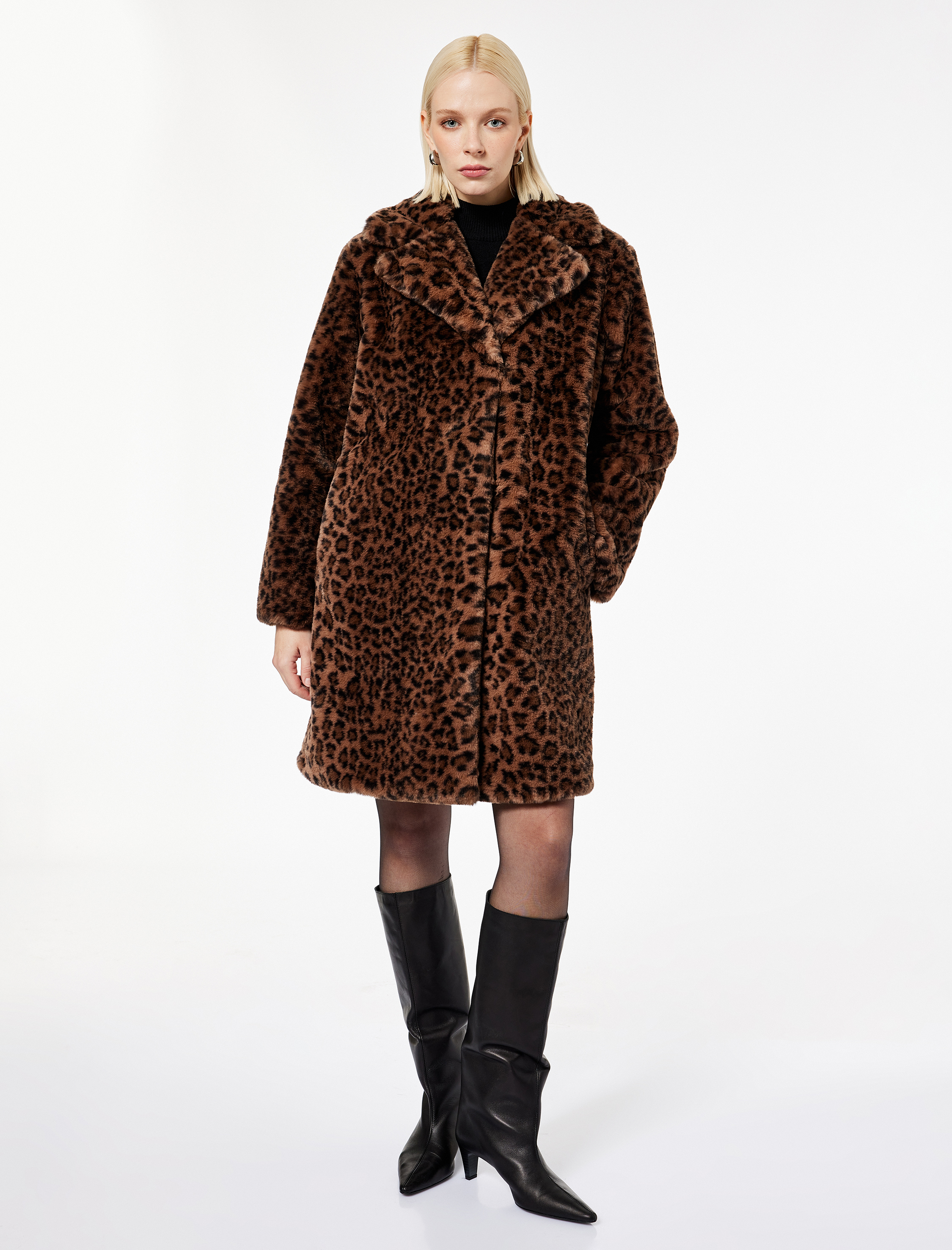   Suni Kürk Kaban Leopar Desenli Uzun Kollu Cepli