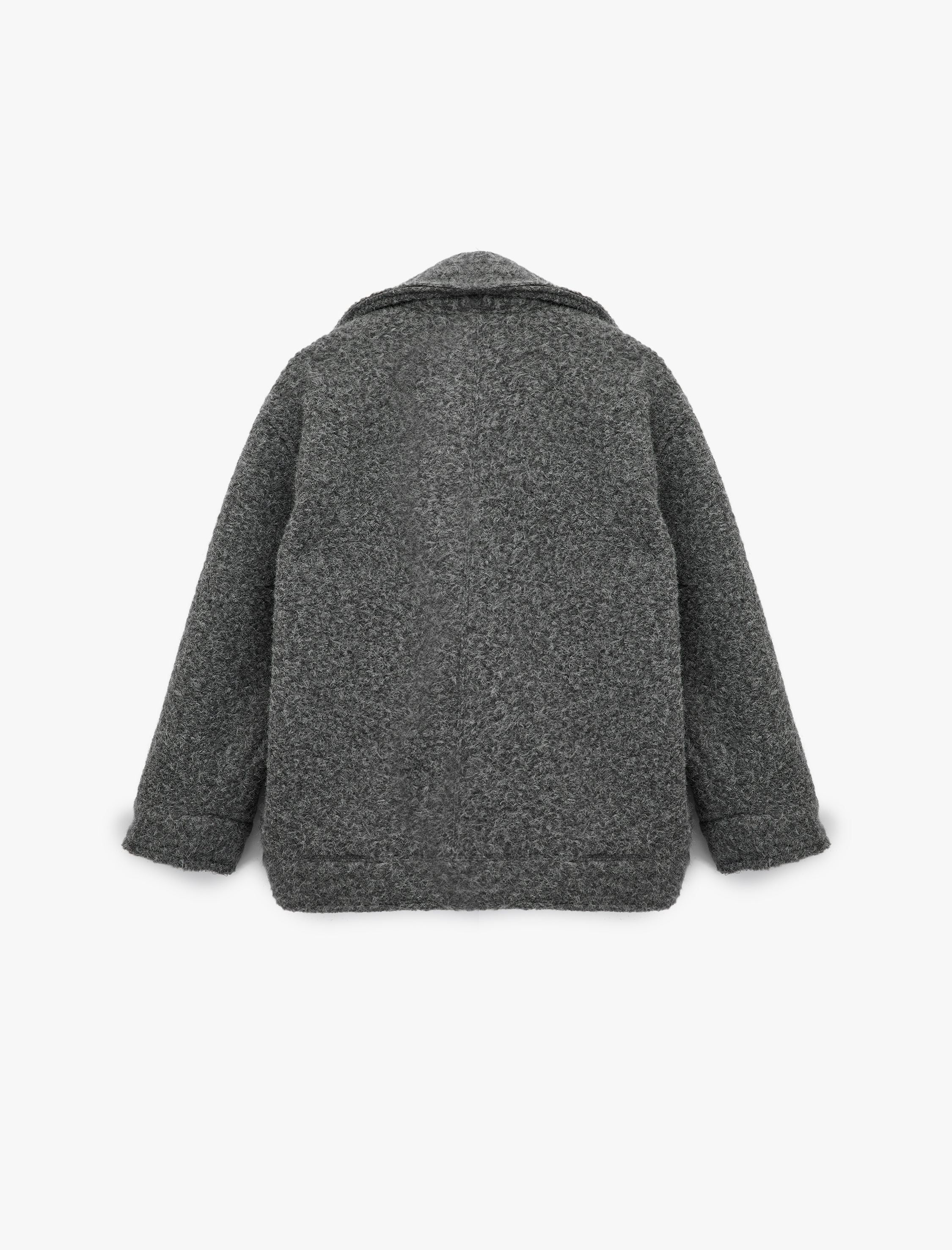   Uzun Kollu Cepli Fermuar Detaylı Kısa Buklet Kaban