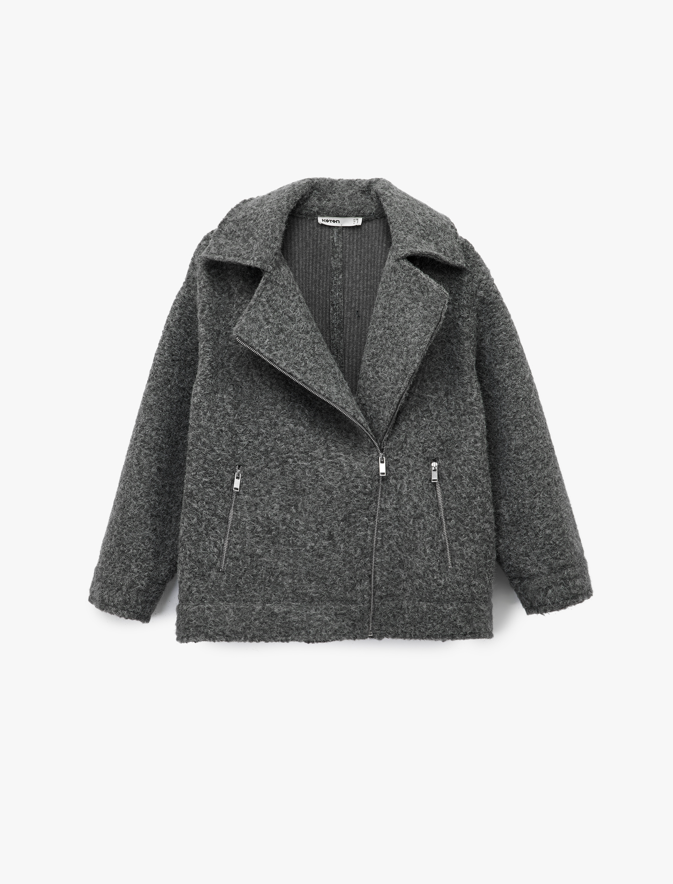   Uzun Kollu Cepli Fermuar Detaylı Kısa Buklet Kaban