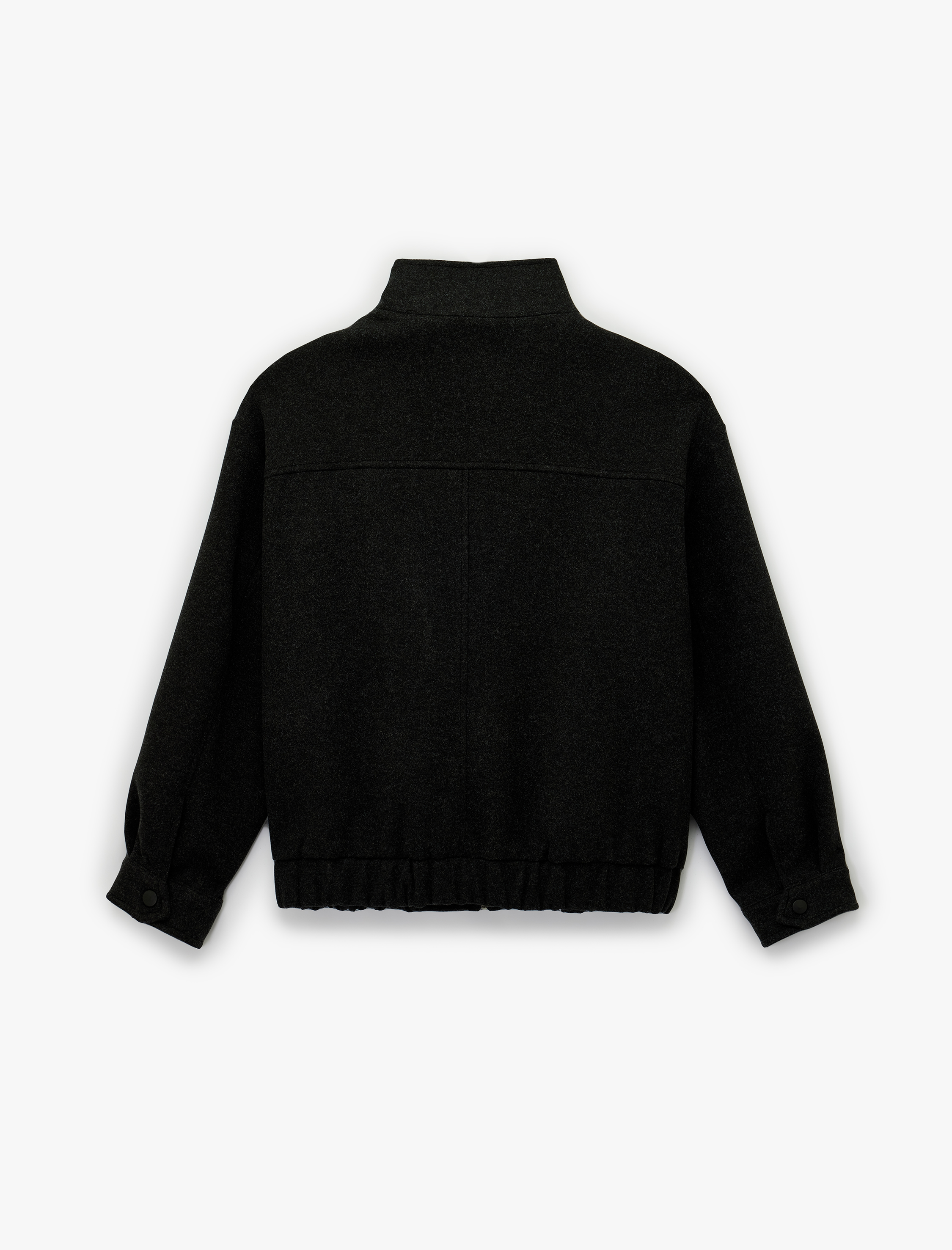   Uzun Kollu Cepli Dik Yaka Fermuarlı Crop Kaşe Bomber Mont