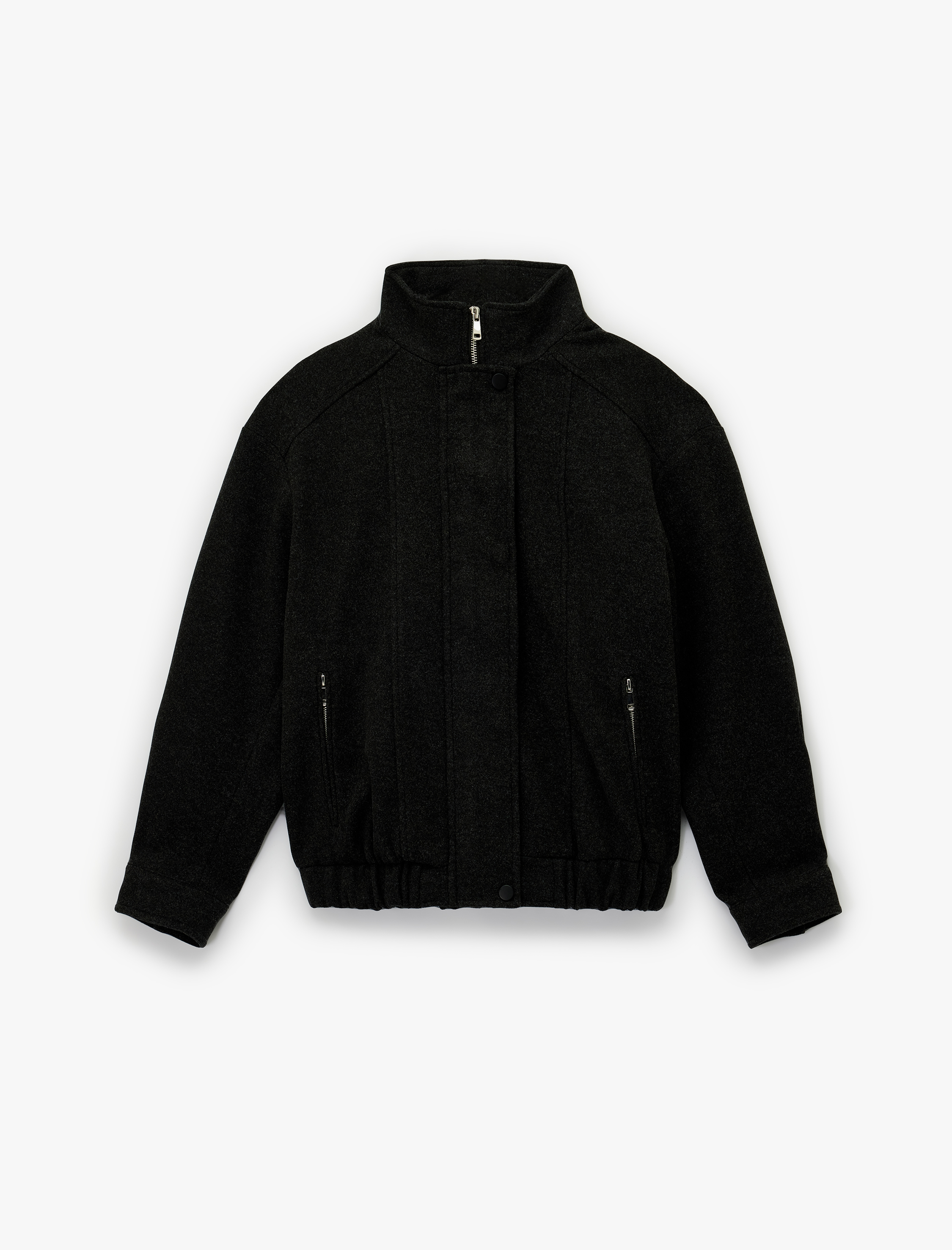   Uzun Kollu Cepli Dik Yaka Fermuarlı Crop Kaşe Bomber Mont