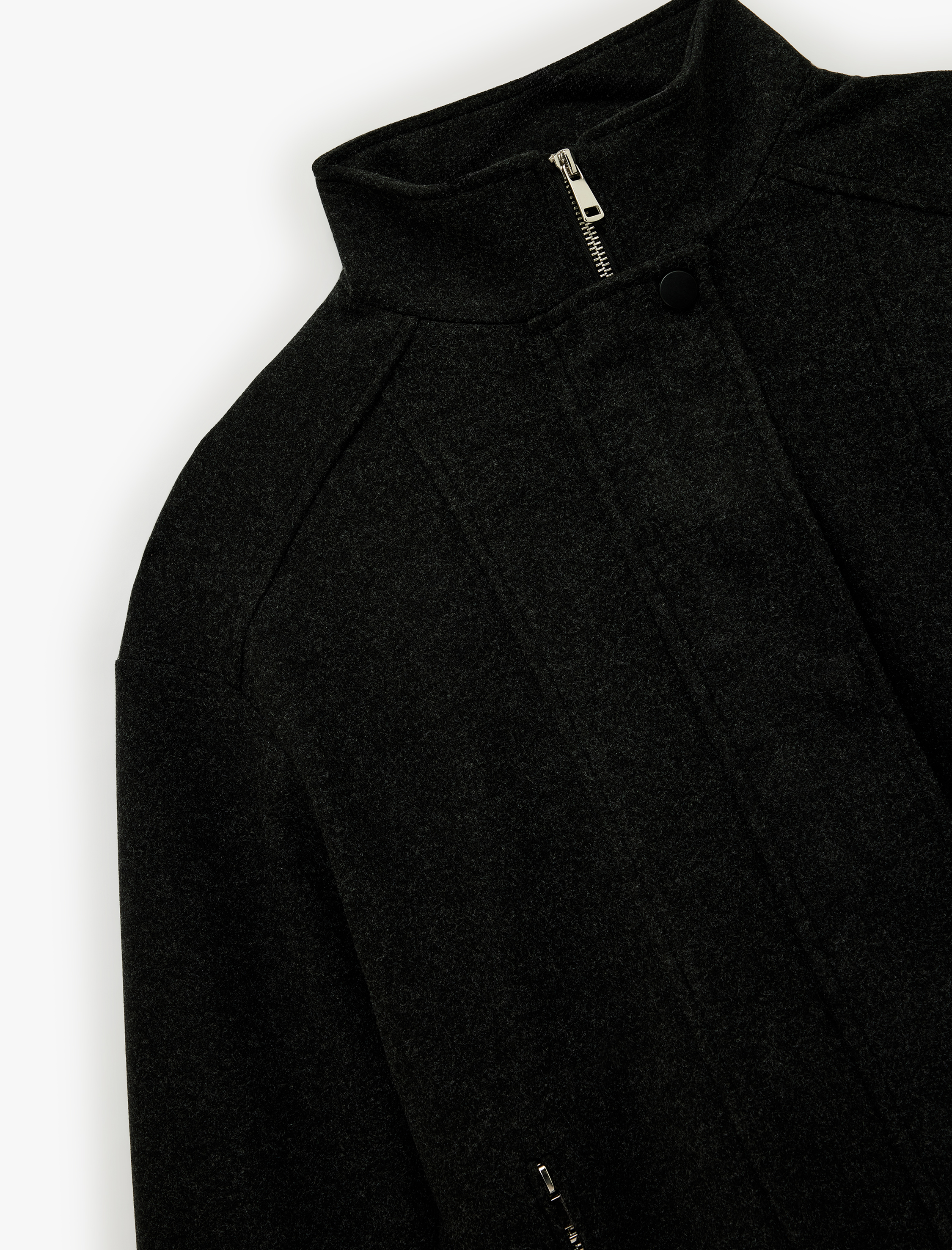   Uzun Kollu Cepli Dik Yaka Fermuarlı Crop Kaşe Bomber Mont