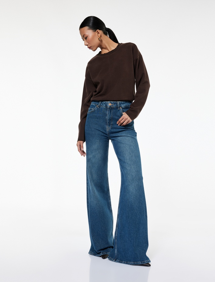  Normal Bel Düğmeli Cepli Geniş İspanyol Paça Jean Pantolon -  Wide Flare Jean