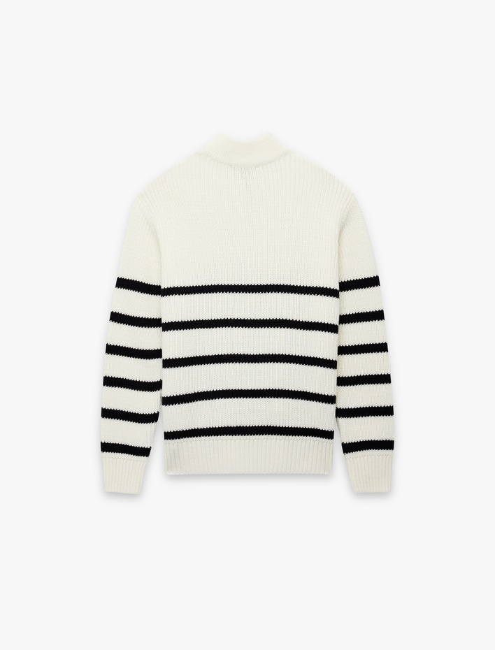  Uzun Kollu Çizgili Basic Yarım Fermuarlı Triko Kazak