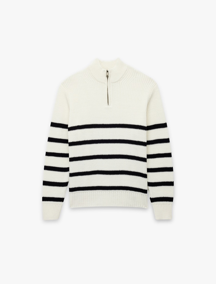  Uzun Kollu Çizgili Basic Yarım Fermuarlı Triko Kazak