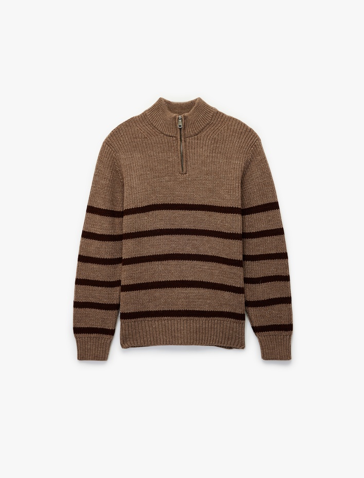  Uzun Kollu Çizgili Basic Yarım Fermuarlı Triko Kazak