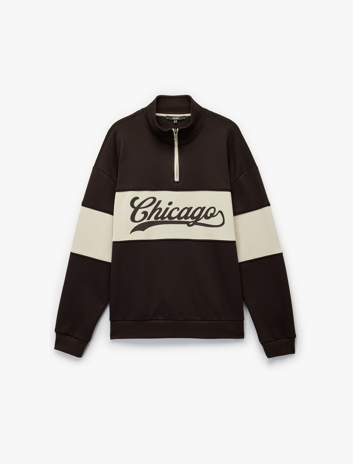 Uzun Kollu Baskılı Oversize Renk Bloklu Yarım Fermuarlı Sweatshirt