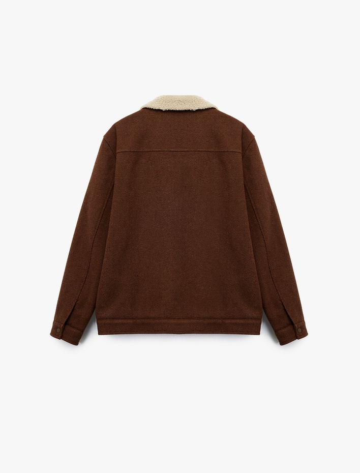  Uzun Kollu Cepli Fermuarlı İçi Peluş Astarlı Yakası Suni Kürklü Kaşe Mont