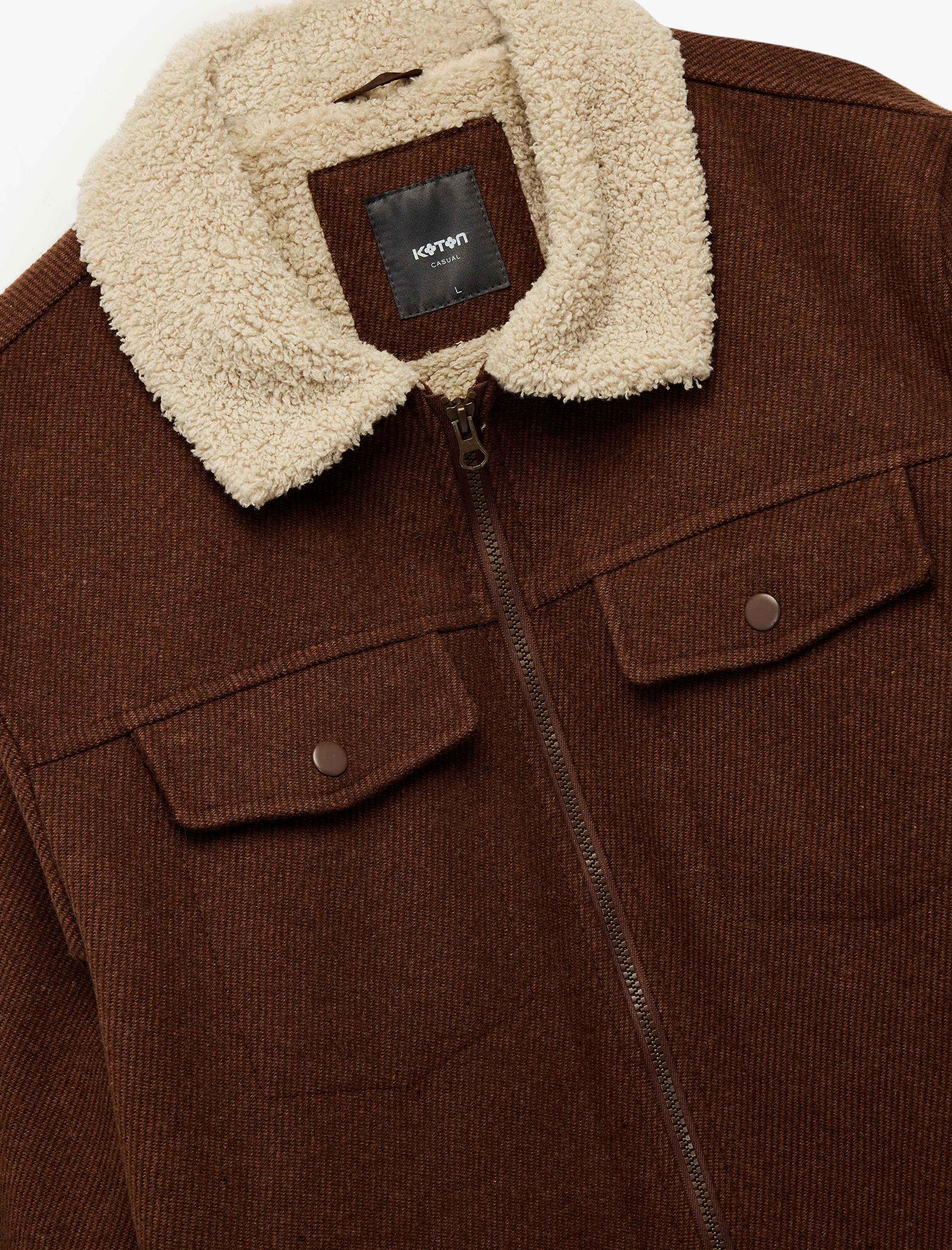 Uzun Kollu Cepli Fermuarlı İçi Peluş Astarlı Yakası Suni Kürklü Kışlık Kaşe Ceket