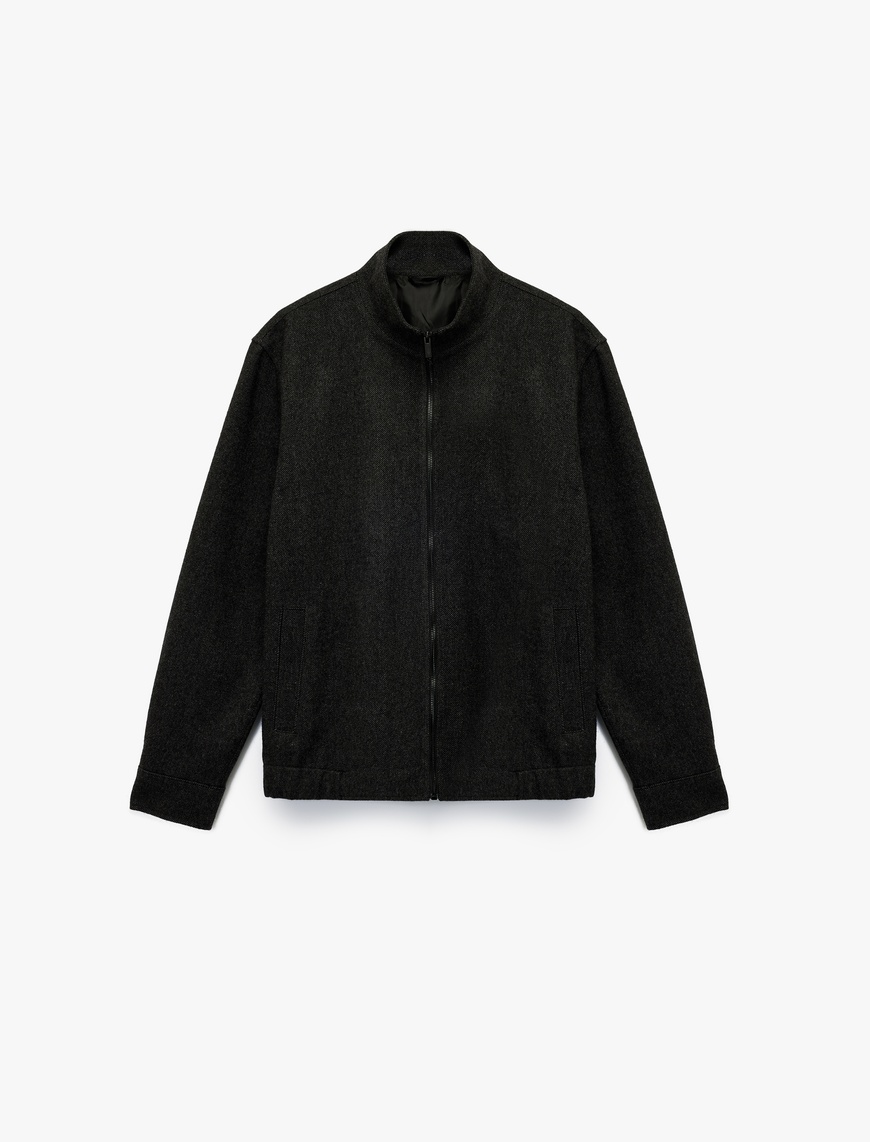   Uzun Kollu Slim Fit Cepli Dik Yaka Fermuarlı Spor Ceket