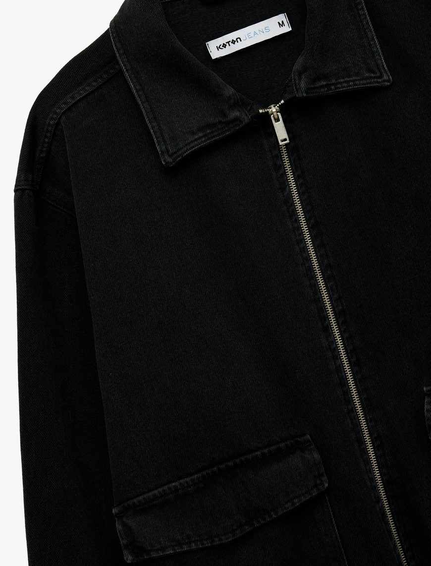   Kapaklı Cepli Regular Fit Pamuklu Gömlek Yaka Fermuarlı Bomber Jean Ceket