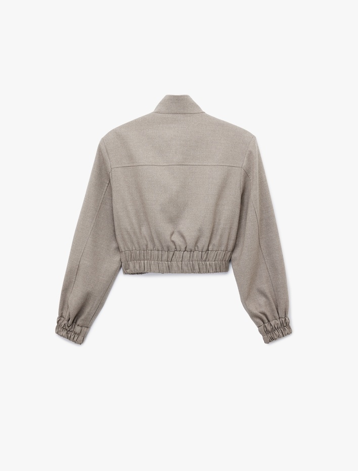  Dik Yaka Uzun Kollu Çıtçıt Düğme Detaylı Fermuarlı Bomber Ceket