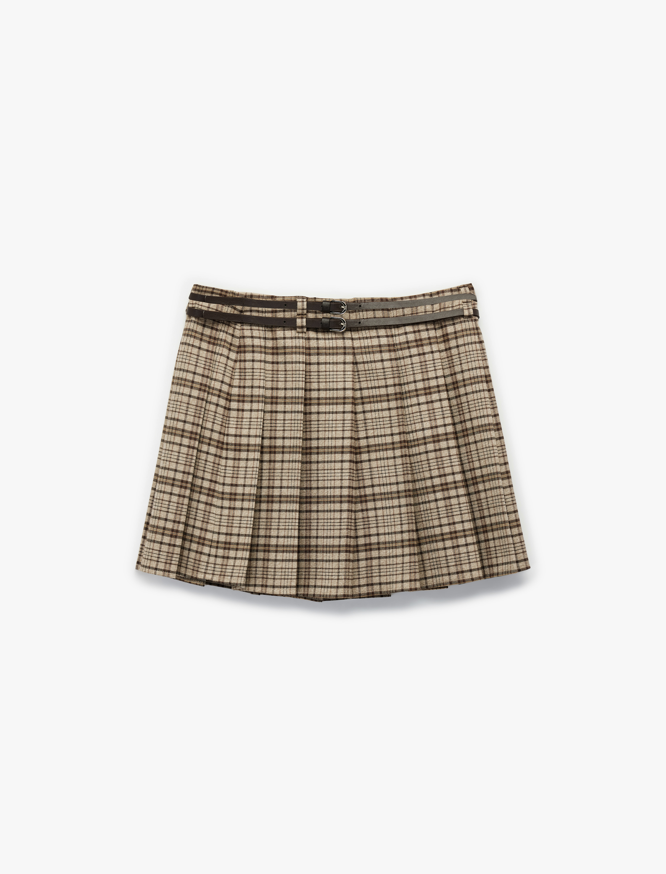   Koton X Sibil Çetinkaya - Kemer Detaylı A Kesim Ekoseli Pileli Mini Etek