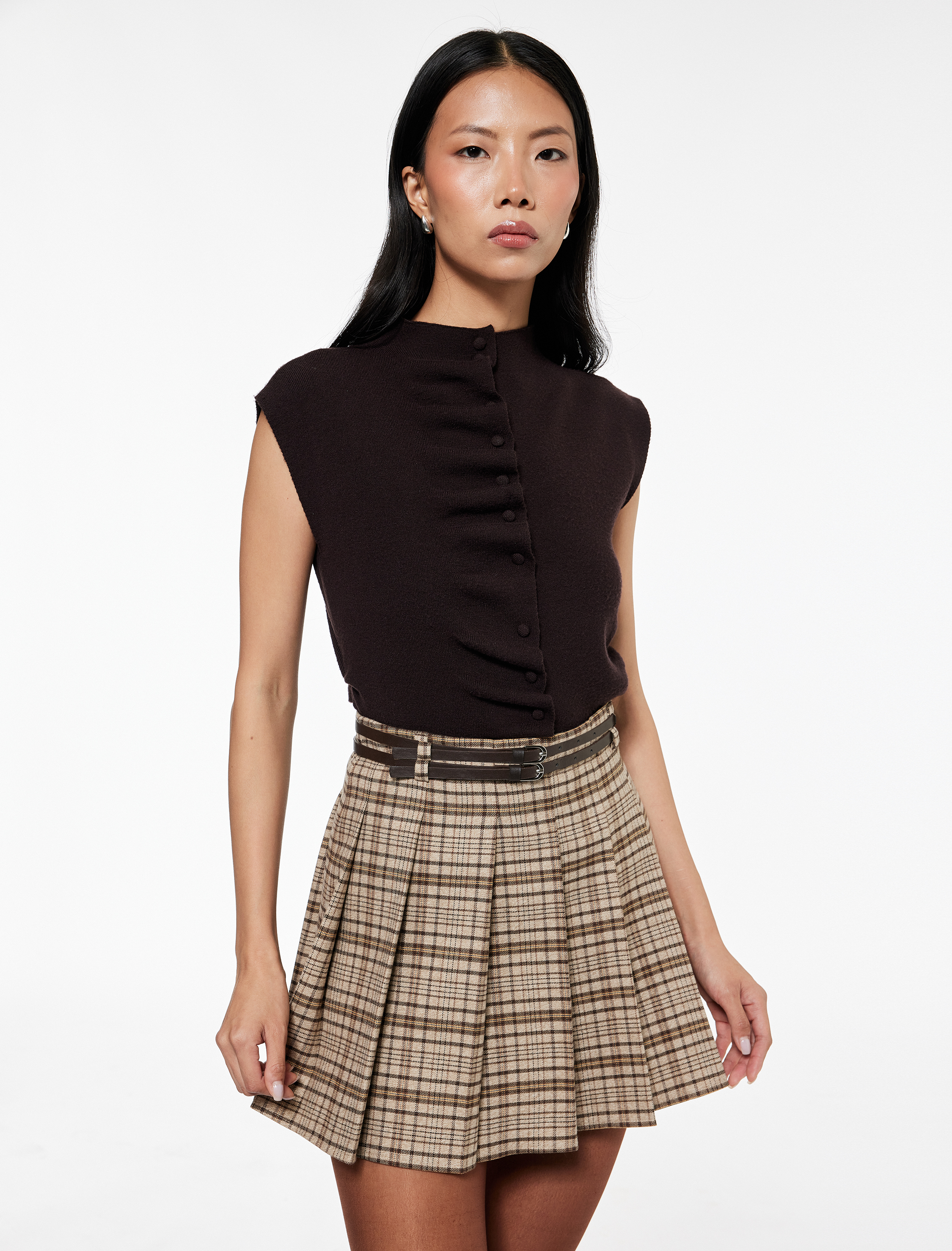   Koton X Sibil Çetinkaya - Kemer Detaylı A Kesim Ekoseli Pileli Mini Etek