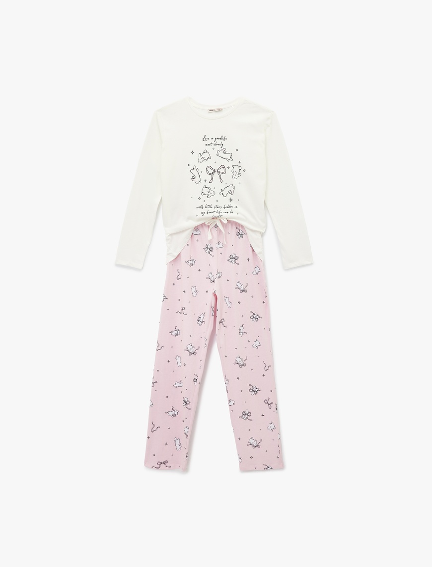   Tavşan Baskılı Uzun Kollu Bisiklet Yaka Pamuklu Pijama Takımı