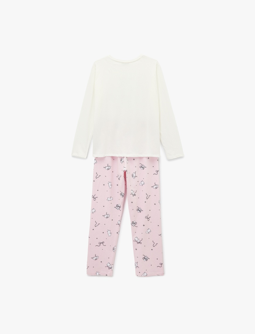   Tavşan Baskılı Uzun Kollu Bisiklet Yaka Pamuklu Pijama Takımı