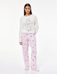Tavşan Baskılı Uzun Kollu Bisiklet Yaka Pamuklu Pijama Takımı