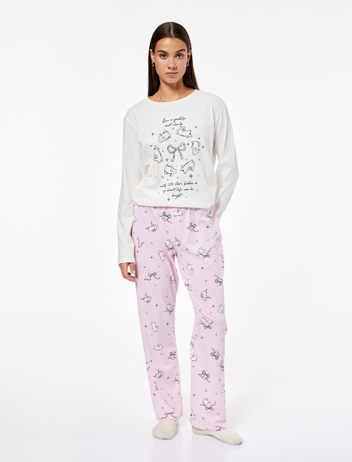  Tavşan Baskılı Uzun Kollu Bisiklet Yaka Pamuklu Pijama Takımı