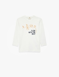 Pamuklu Bisiklet Yaka Baskılı Uzun Kollu Tişört