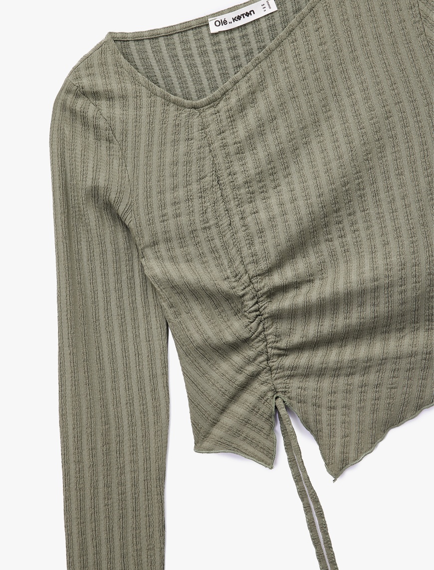   Asimetrik Yaka Slim Fit Büzgülü Uzun Kollu Tişört