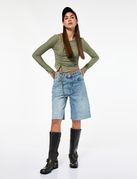 Asimetrik Yaka Slim Fit Büzgülü Uzun Kollu Tişört