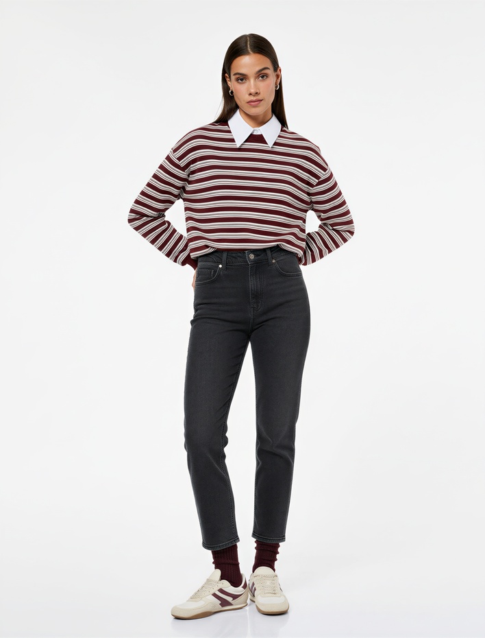  Düğmeli Cep Detaylı Pamuklu Slim Fit Mom Jean Pantolon - Mom Slim Jean