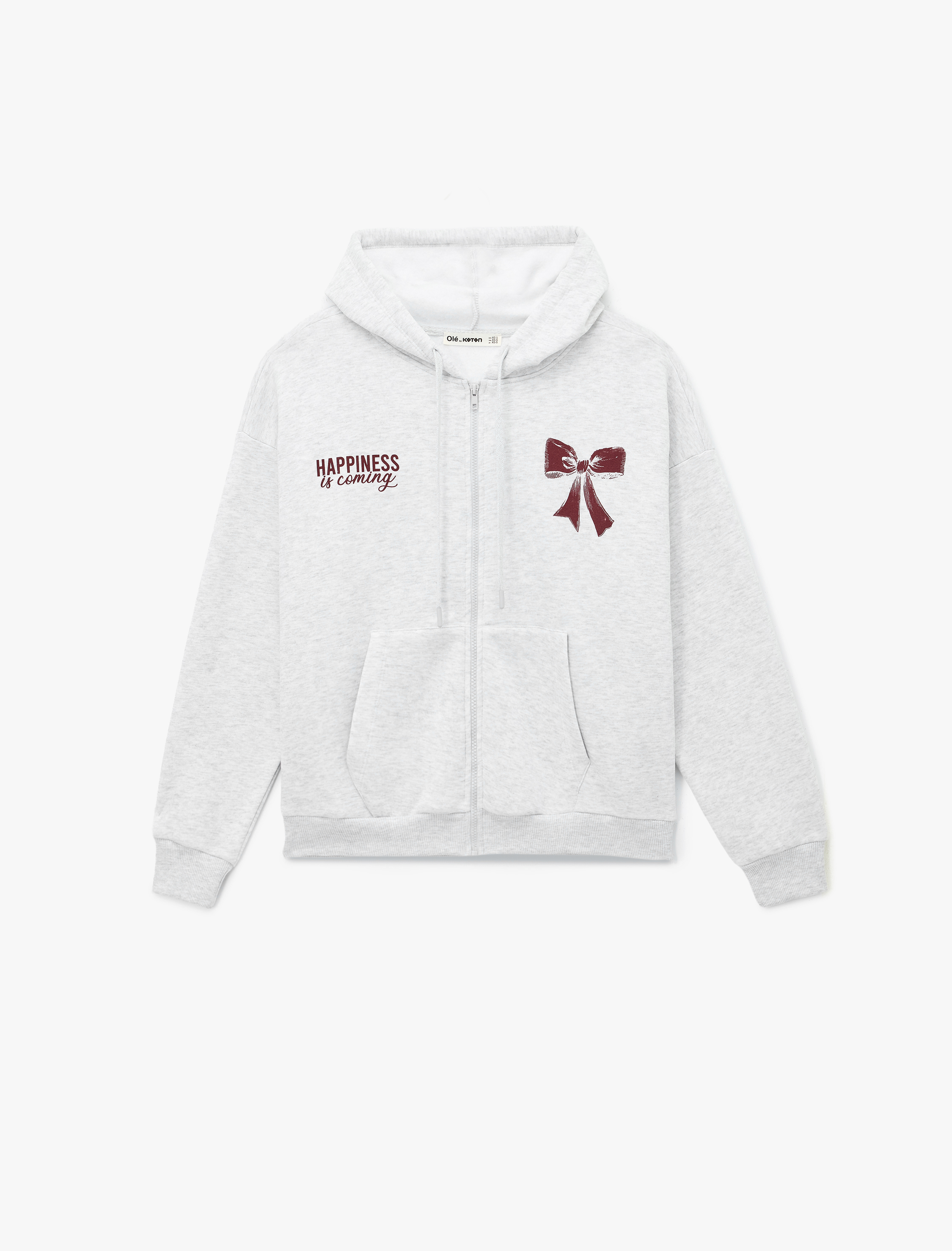   Fermuarlı Kapüşonlu Kanguru Cep Detaylı Arkası Fiyonk Baskılı Şardonlu Oversize Sweatshirt