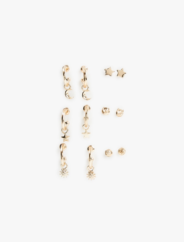 Kadın Yıldızlı Çelik 6'lı Top ve Halka Küpe Seti