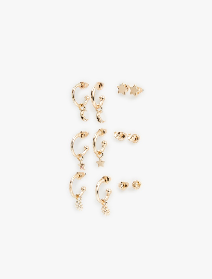 Kadın Yıldızlı Çelik 6'lı Top ve Halka Küpe Seti