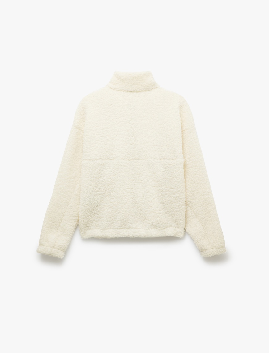   Fermuarlı Dik Yaka Cep Detaylı Oversize Peluş Sweatshirt