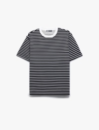 Kısa Kollu Basic Pamuklu Tok Kumaş Bisiklet Yaka Oversize Çizgili Tişört