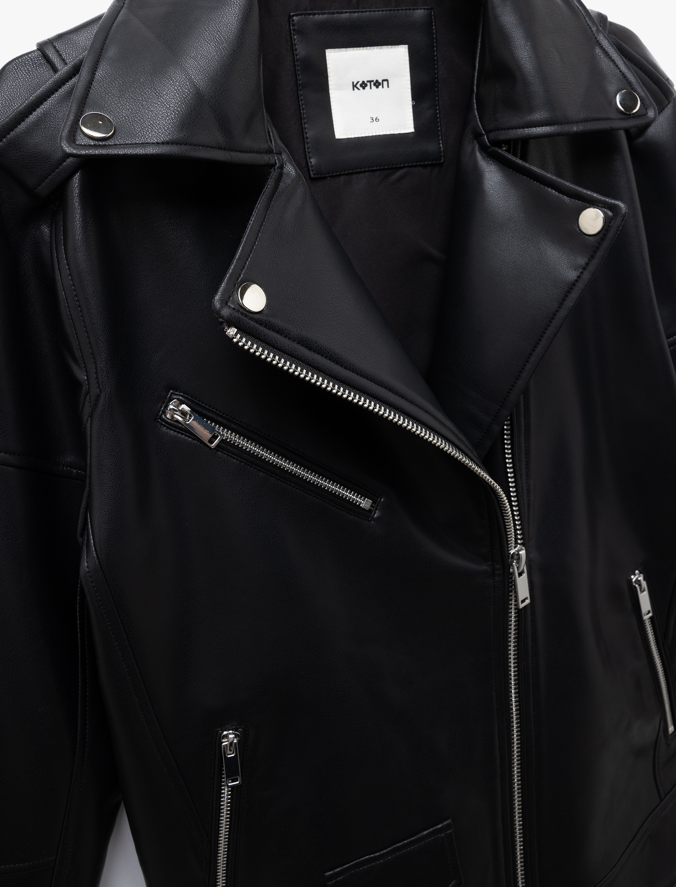   Fermuarlı Cepli Uzun Kollu Suni Deri Biker Ceket