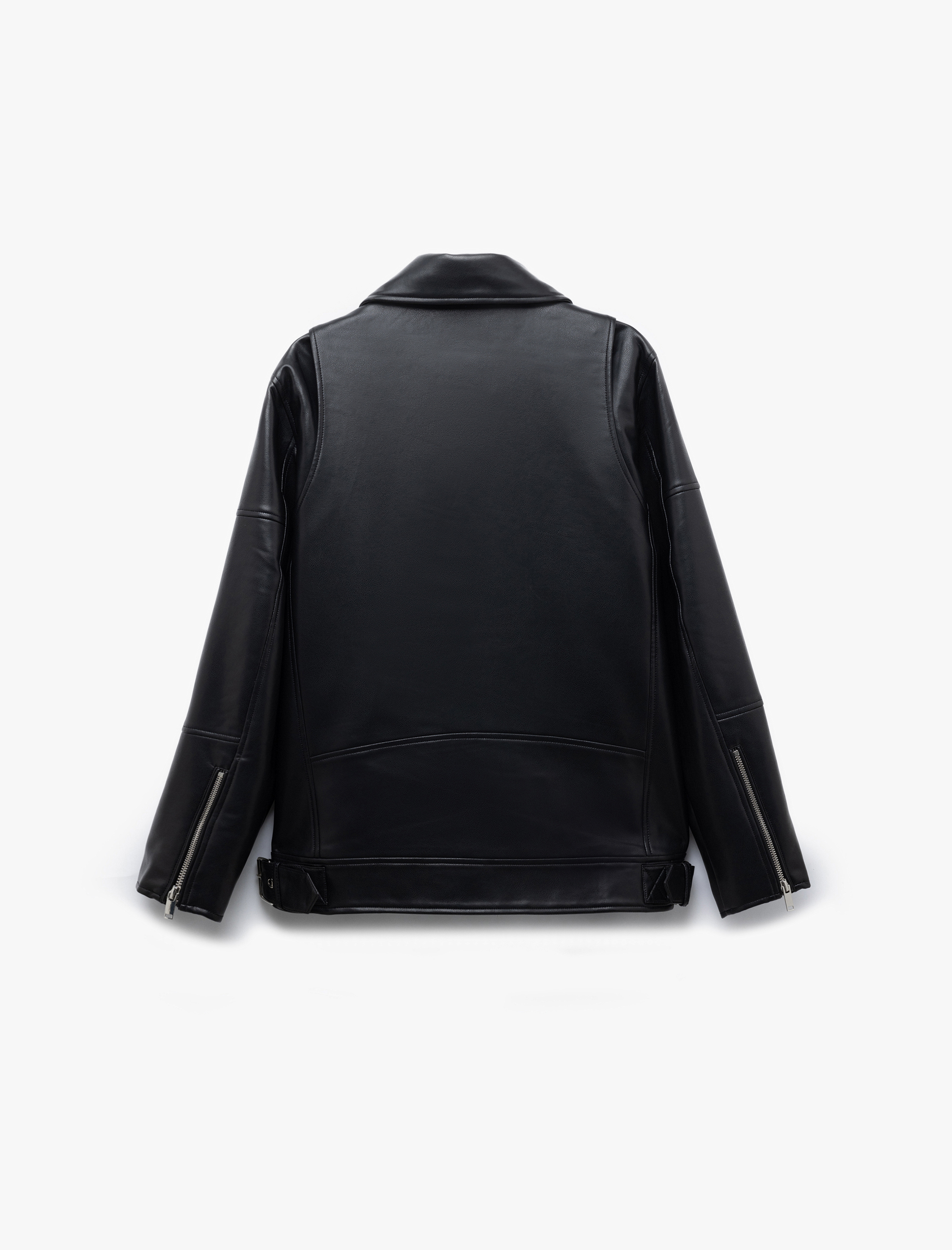   Fermuarlı Cepli Uzun Kollu Suni Deri Biker Ceket