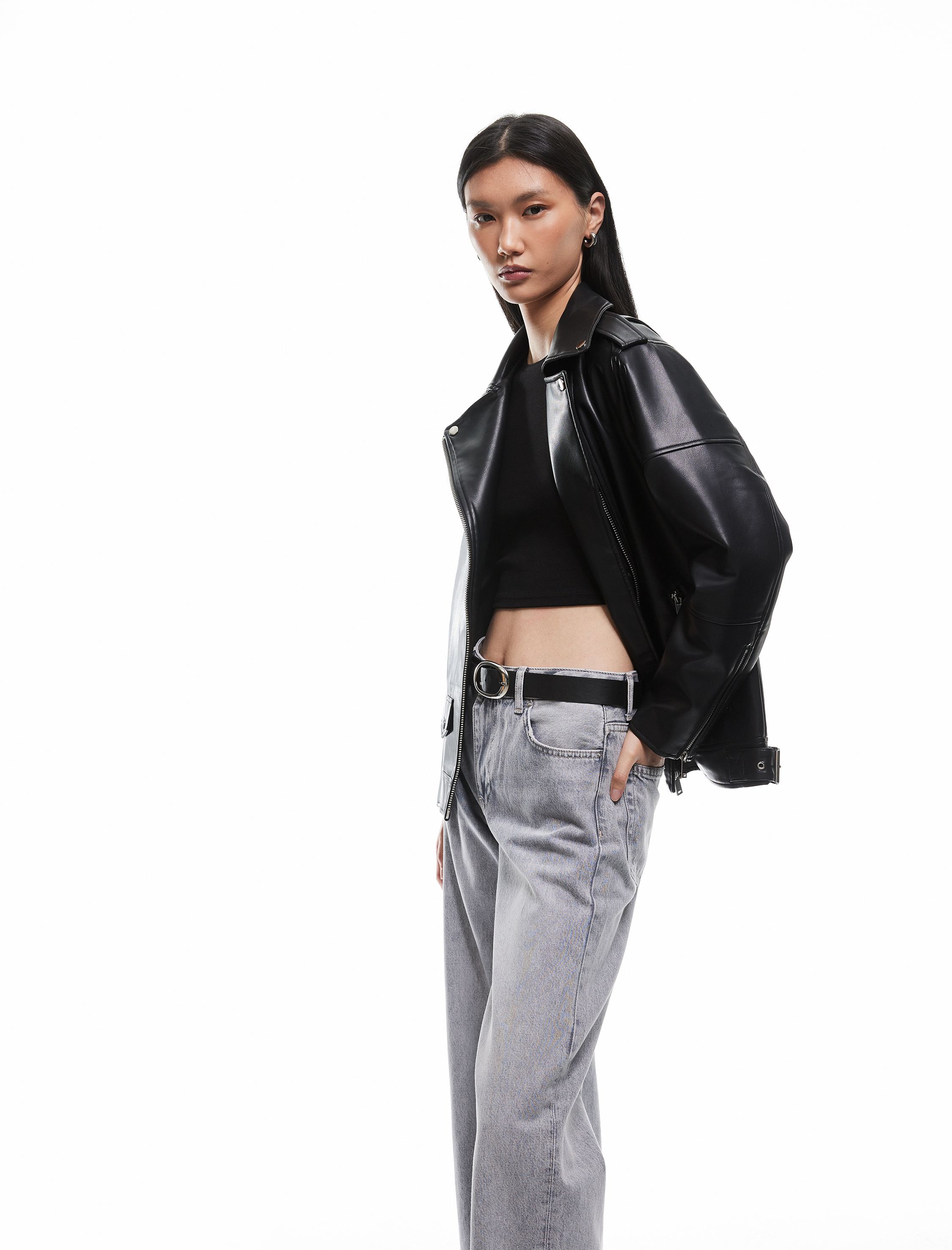   Fermuarlı Cepli Uzun Kollu Suni Deri Biker Ceket