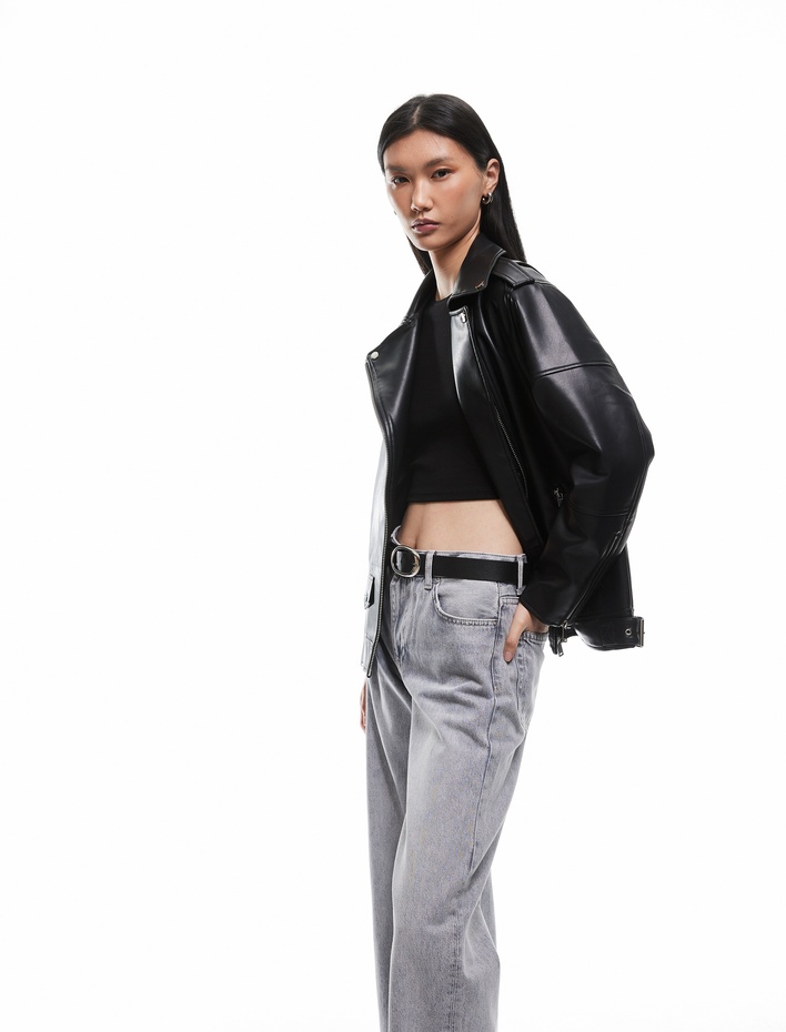  Fermuarlı Cepli Uzun Kollu Suni Deri Biker Ceket