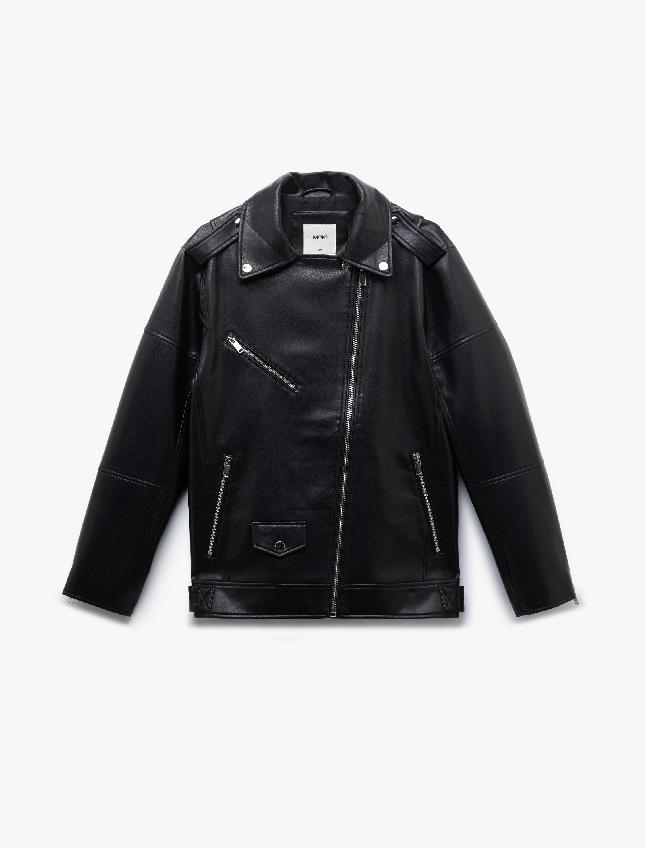   Fermuarlı Cepli Uzun Kollu Suni Deri Biker Ceket