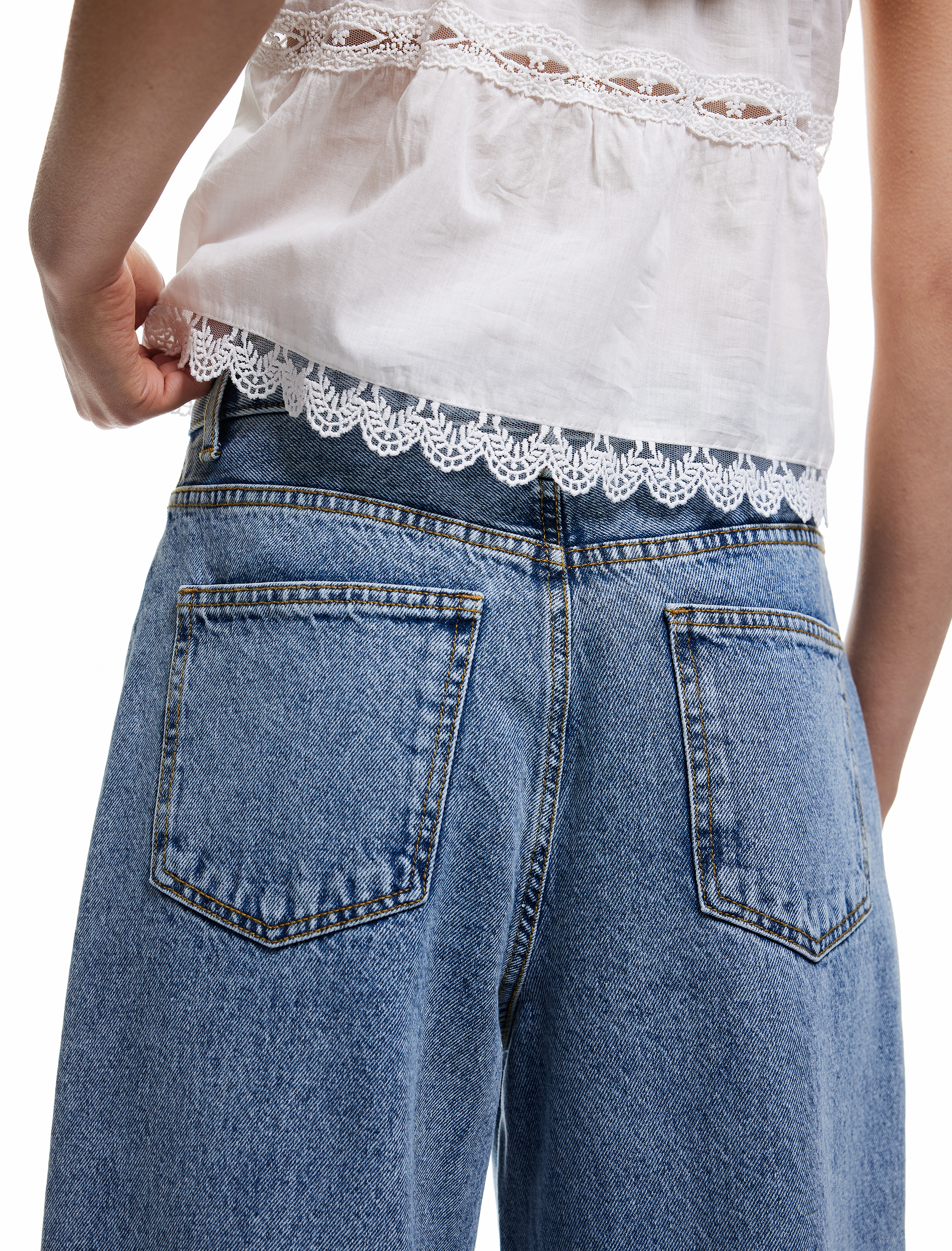   Pamuklu Düğmeli Cepli Normal Bel Crop Geniş Paça Jean Pantolon - Wide Leg Jean