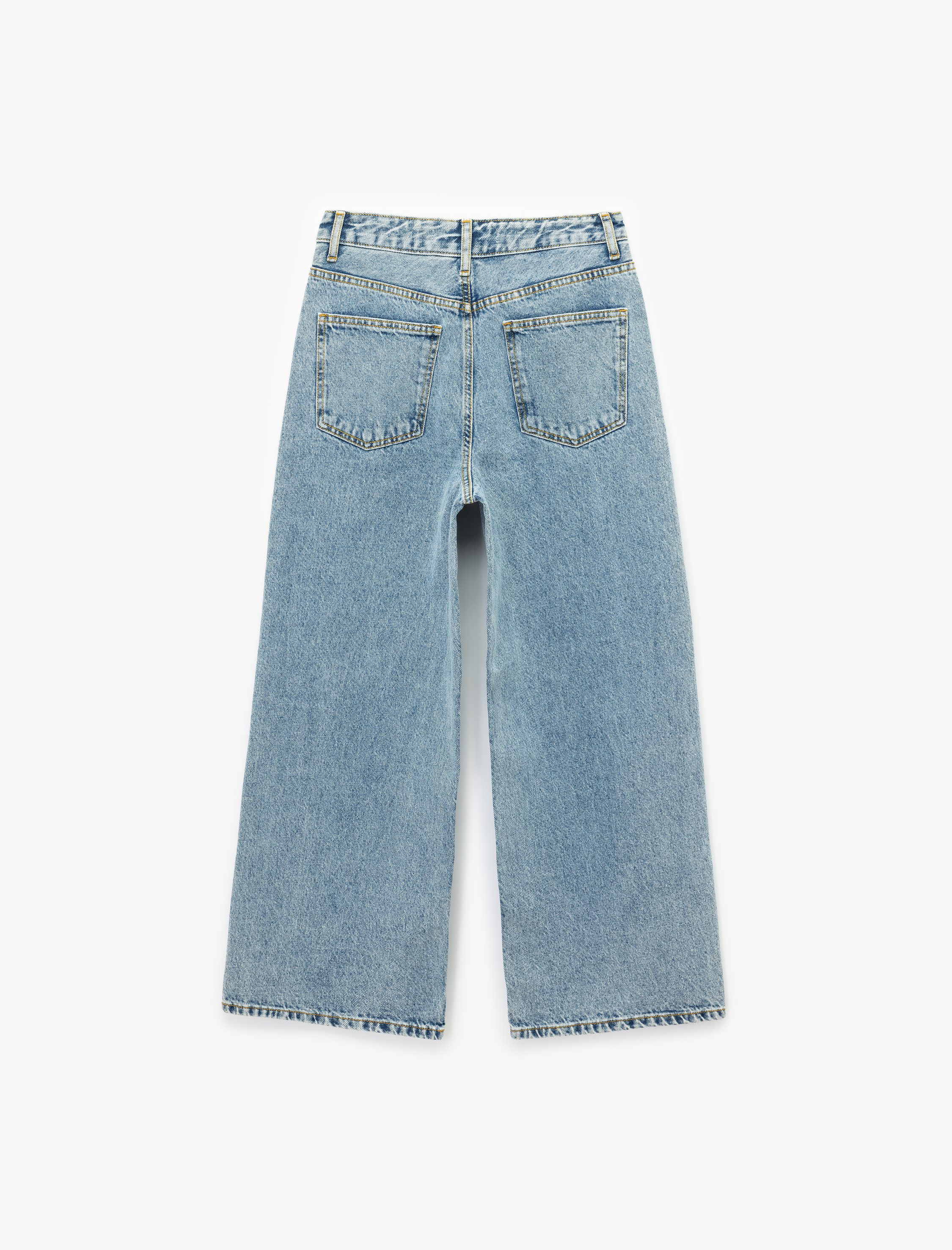   Pamuklu Düğmeli Cepli Normal Bel Crop Geniş Paça Jean Pantolon - Wide Leg Jean