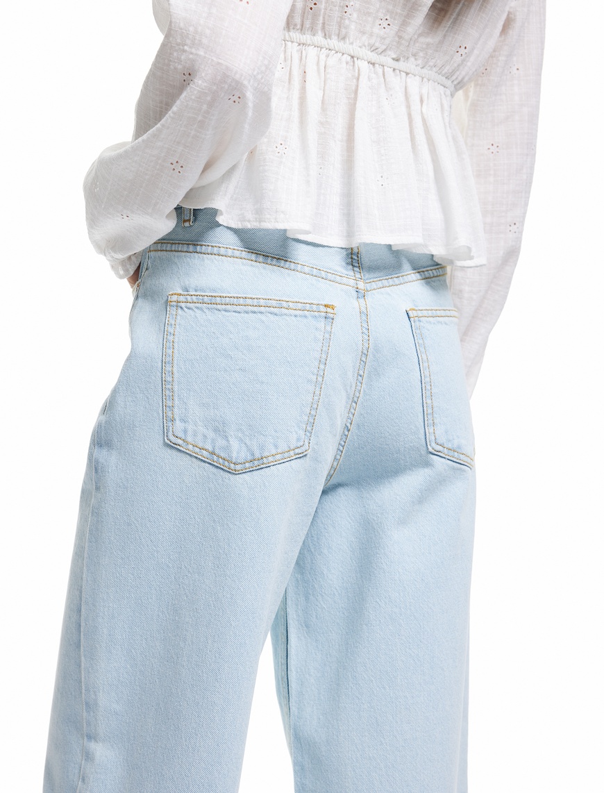   Pamuklu Düğmeli Cepli Normal Bel Crop Geniş Paça Jean Pantolon - Wide Leg Jean