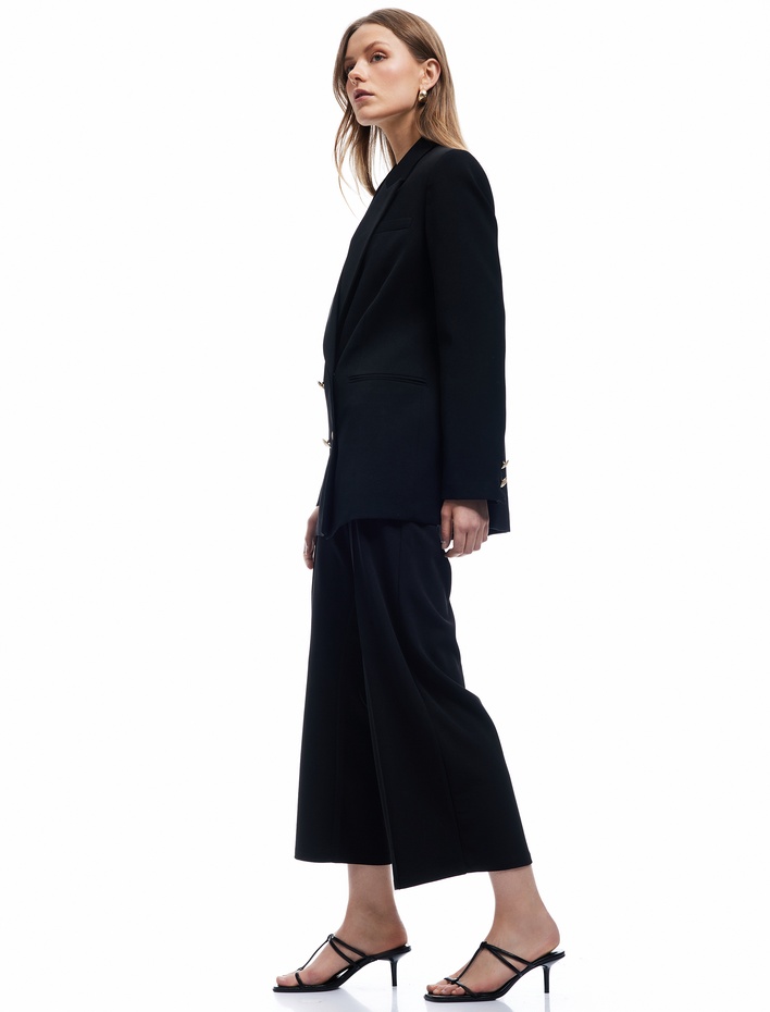  Krep Scuba Kumaş Nervür Detaylı Geniş Paça Palazzo Pantolon