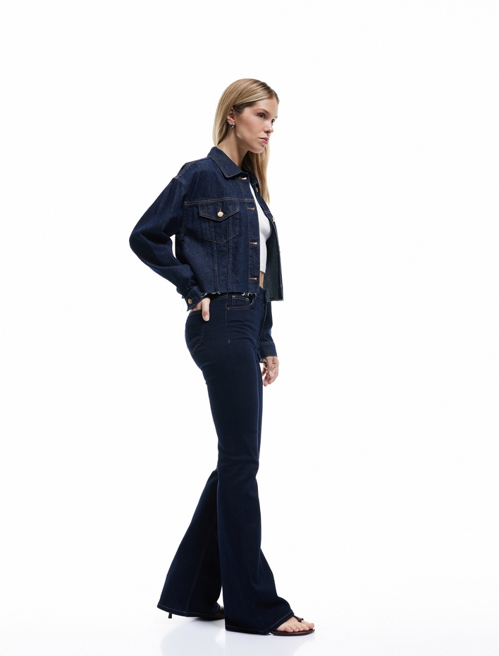  Dar Kesim Düğmeli Cep Detaylı İspanyol Paça Jean Pantolon - Flare Jeans