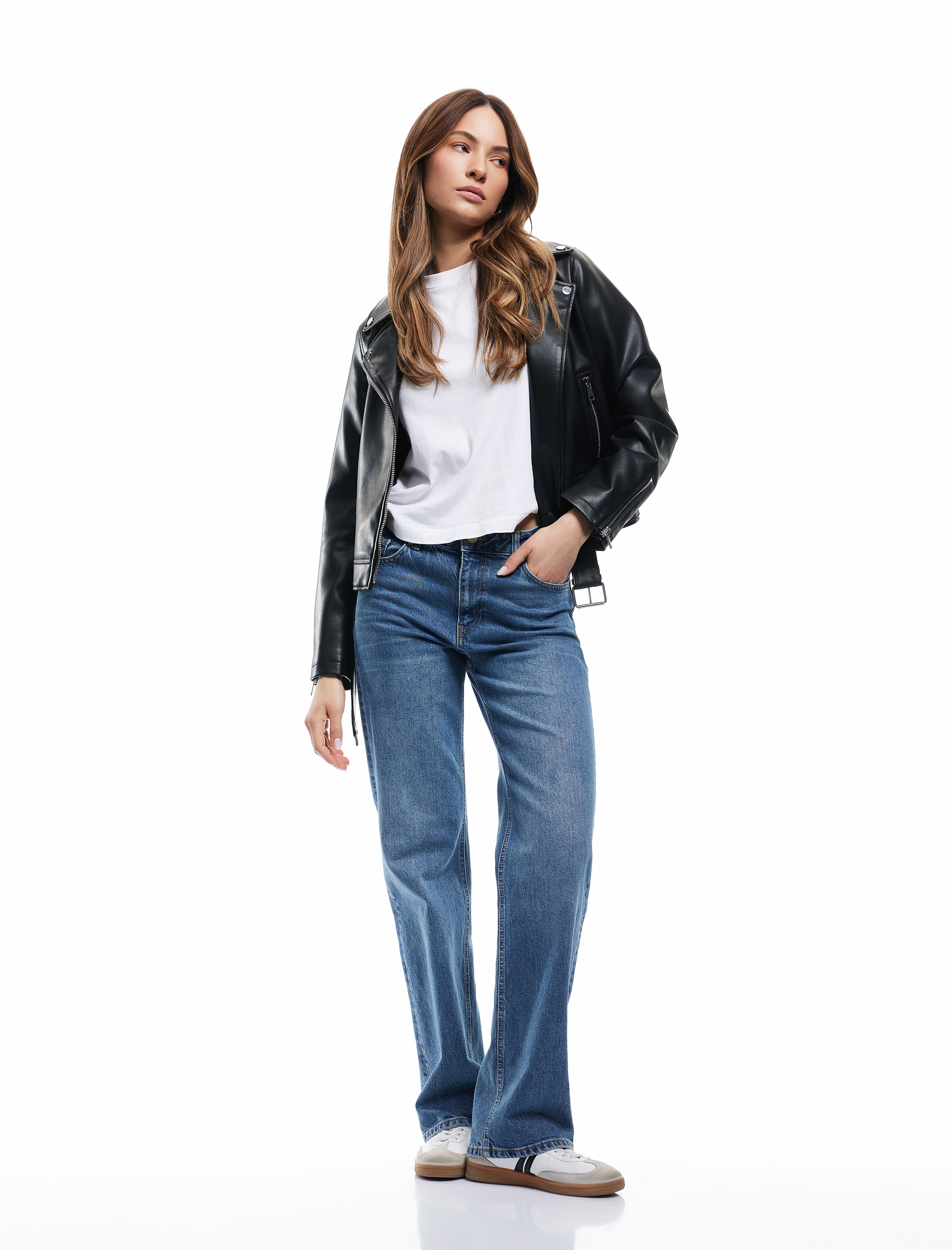   Cepli Uzun Kollu Fermuarlı Kruvaze Suni Deri Biker Ceket