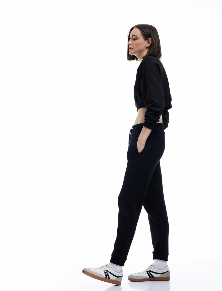  Beli Bağcıklı Şardonlu Yüksek Bel Oversize Jogger Spor Eşofman Altı