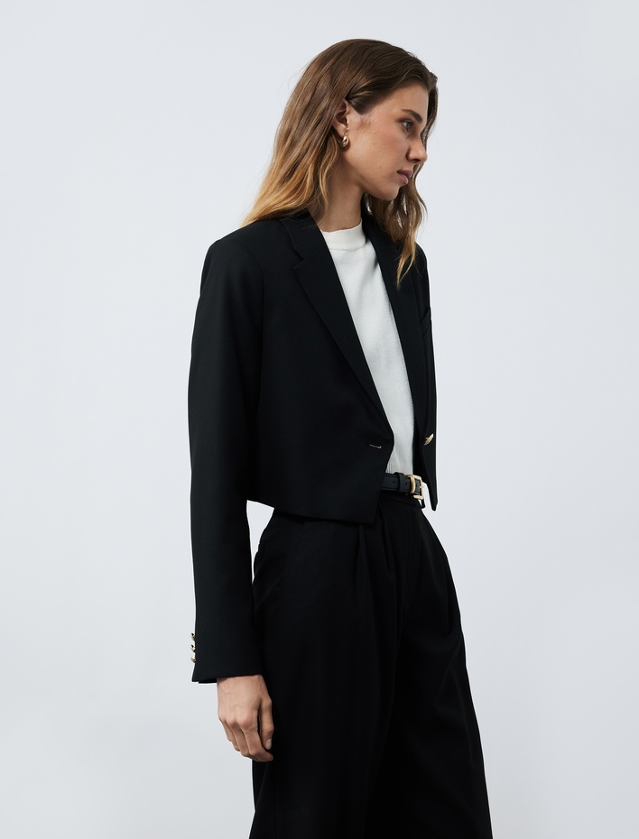  Kruvaze Uzun Kollu Crop Blazer Ceket