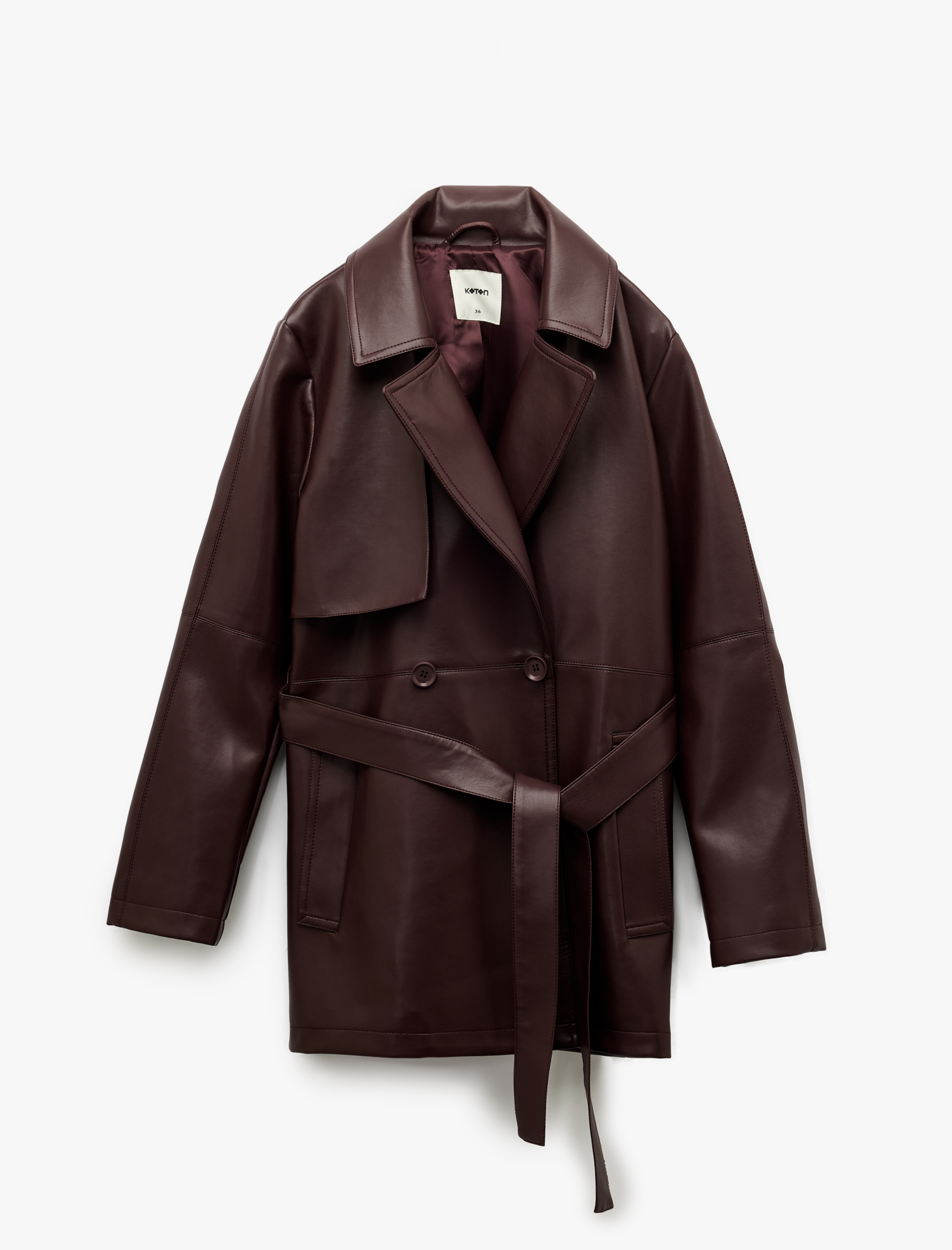   Astarlı Kemerli Rüzgar Kapak Detaylı Cepli Uzun Kollu Kruvaze Suni Deri Trençkot