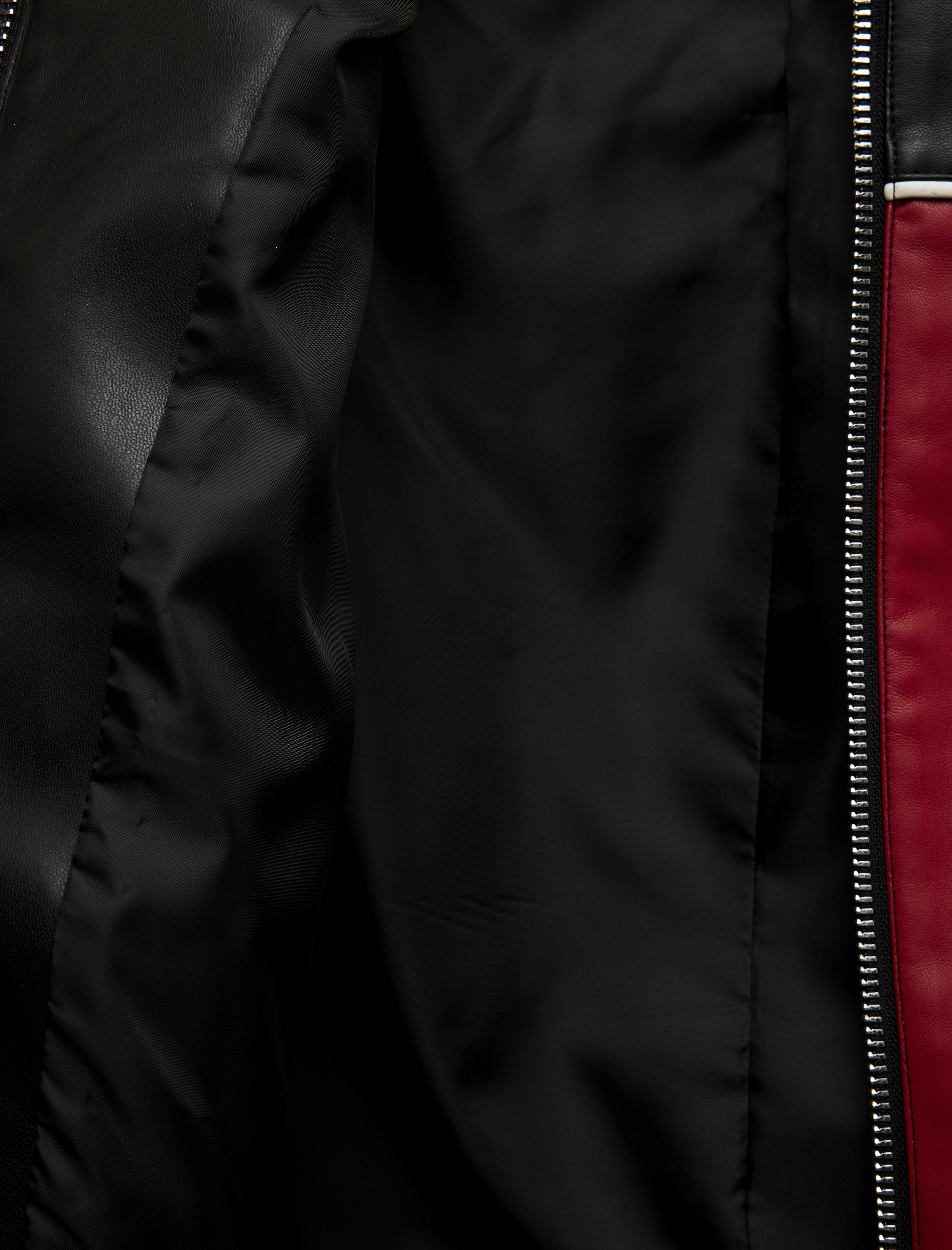   Uzun Kollu Renk Bloklu Cepli Fermuarlı Suni Deri Biker Ceket