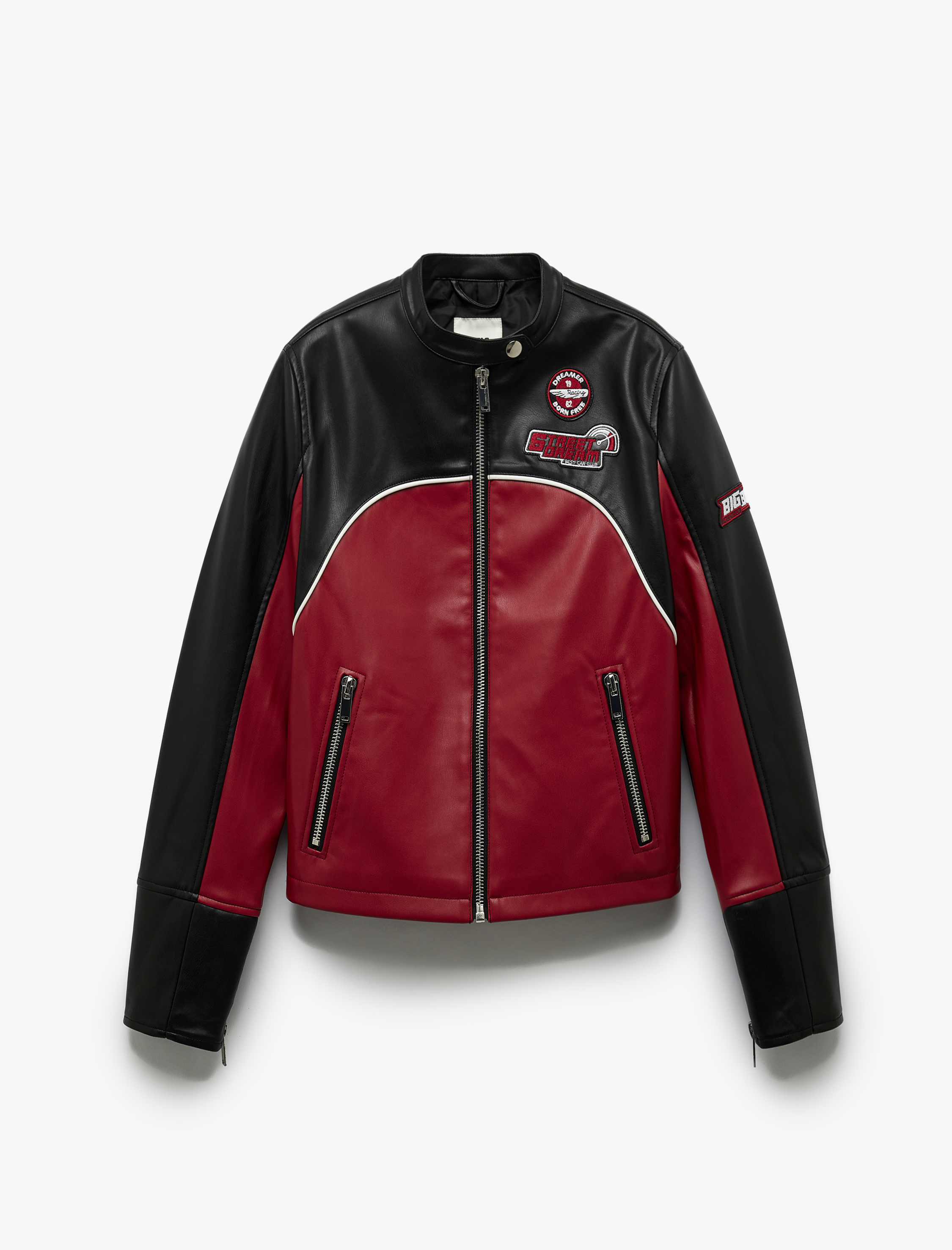   Uzun Kollu Renk Bloklu Cepli Fermuarlı Suni Deri Biker Ceket